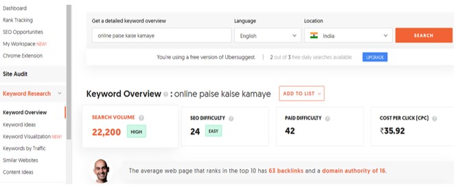 Ubersuggest Keyword Tool