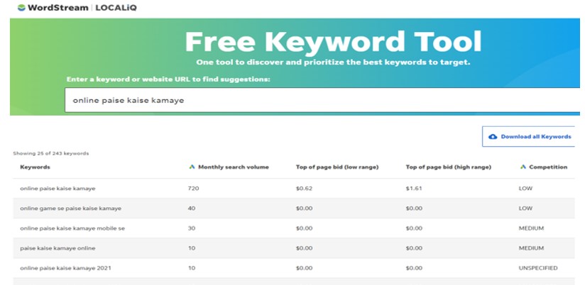 4. Wordstream keyword tool